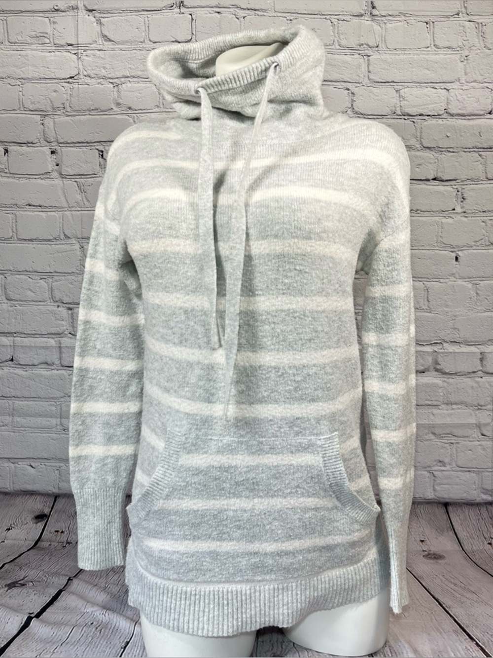 Loft Cowl Neck Sweater Womens Size XS Gray Striped Pocket Drawstring